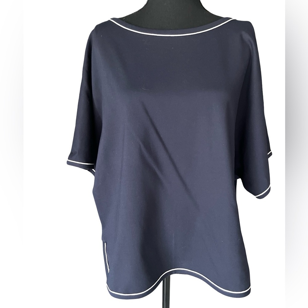 Max Studio Dark Blue Short Sleeve Top with White Trim